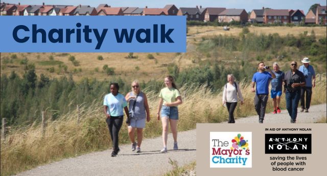 Photo of people walking on park path, text reads Charity Walk